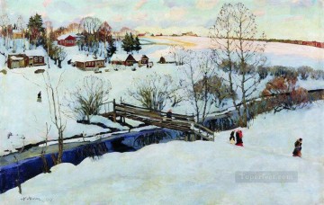 Paisajes Painting - El pequeño puente de invierno 1914 Konstantin Yuon Paisaje nevado